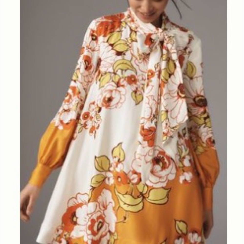 Anthropologie Maeve The Caroline tie neck dress- Cream, white and orange print